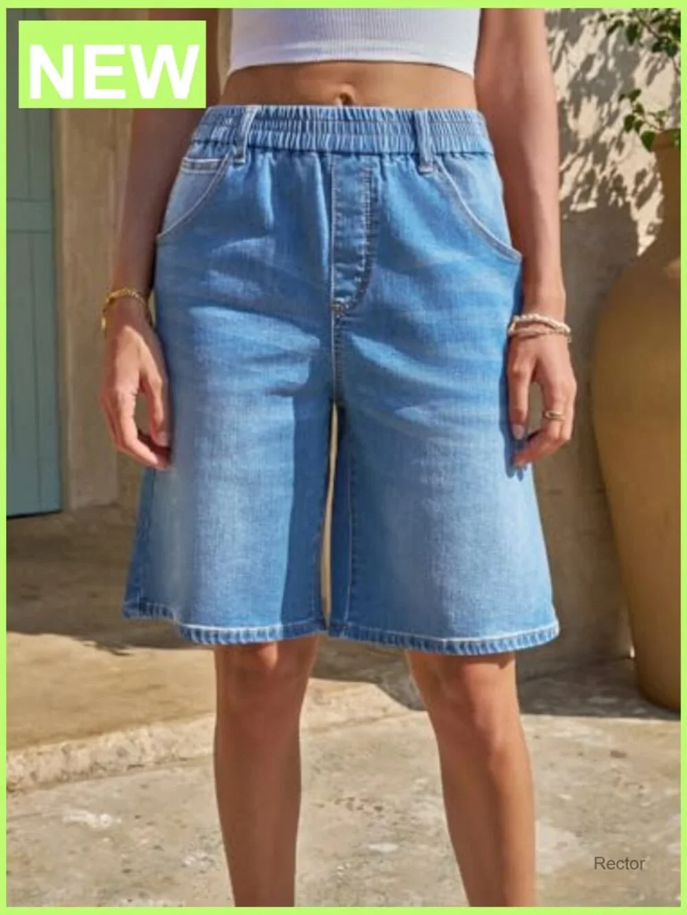 Women's Elastic Waist Bermuda Denim Shorts Knee Length Casual